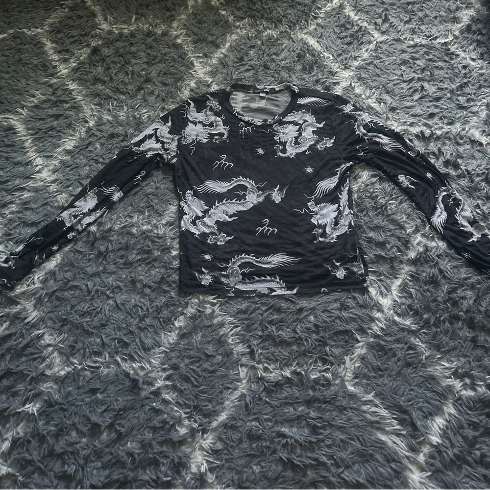 Fashion Nova Black and White Dragon Print Blouse